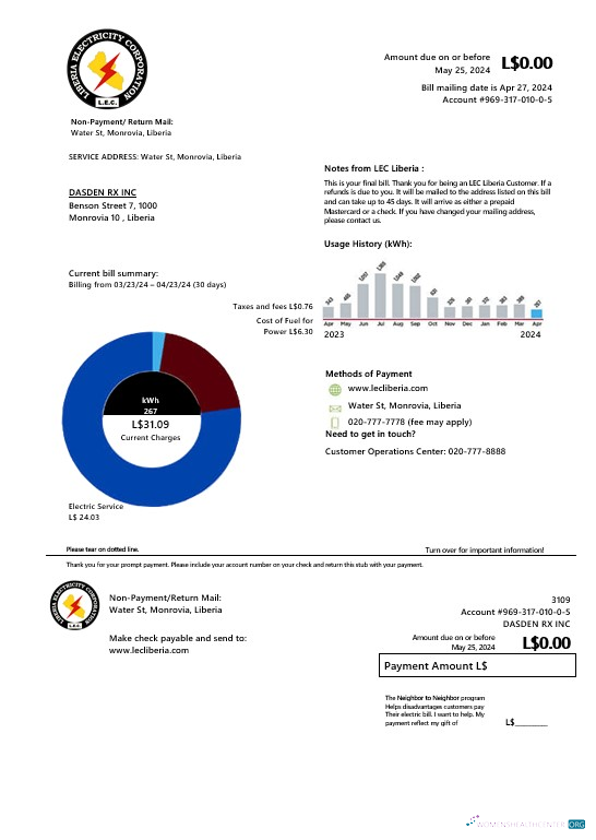 Liberia Electricity Corporation business utility bill template in Word and PDF formats
